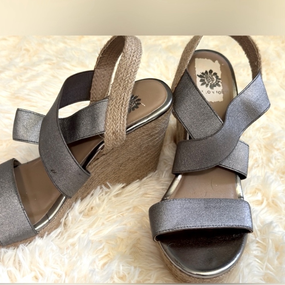 Yellow Box pewter wedges, silver metallic, ankle strap, espadrille, women’s Sz 8